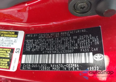 2020 Toyota Camry Xse из США, поврежденный, VIN 4T1K61AK3LU320967